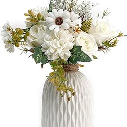 Dekorly Artificial Flowers in Plastic Vase Coffee Table Decor, Silk Flower Arrangements for Home Decor Indoor Fake Flower Bouquet for Dining Room Kitchen Wedding | Pack of 1 (White)-image-76