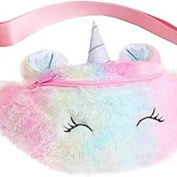 Rainbow Unicorn Plush Fuzzy Fanny Pack Waist Bag Cute Bum Bag for Kids Girls(Pink), Pink,Rainbow-7
