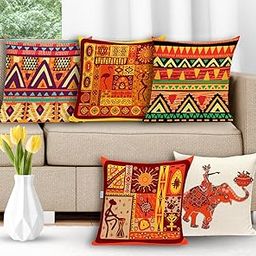 CIDIZY Jute Rajasthani Elephant Printed Cushion Covers, 16x16 Inch, Multicolour, Set of 5-17
