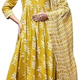 Women's Floral Printed Cotton Anarkali Kurta Pant Dupatta Set (KPDYELLOWMANI_Yellow)-47