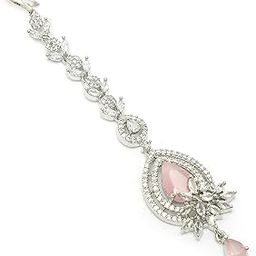 zeneme Rhodium Plated Designer American Diamonad Tear Drop Crytal Studded Silver Toned Maang Tikka for Women and Gifts for Girls-picture-23