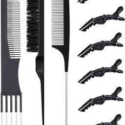 3 Pieces Teasing Combs Hair Brush Set Black Carbon Lift Teasing Comb with Metal Prong Triple Pin Rat Tail Comb Nylon Bristle Teasing Brush with 6 Pieces Alligator Hair Clips for Women Hair Salon Tools-image-85