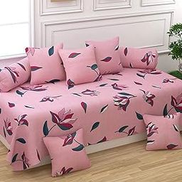 Castiqa Microfibre Unique Patterns Diwan Set Covers 8 Pcs Set of 1 Bedsheet 2 Bolsters and 5 Cushion Covers (Pink Flower)-image-67