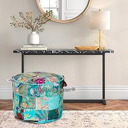 Handicraft Bazarr Vintage Bean Bag Cover 12 Inch Patchwork Tassels Sofa Corner Round Foot Stool Handmade Beautiful Embroidery Design Ottoman Rajasthani Khambadiya Pouf Cover-image-79
