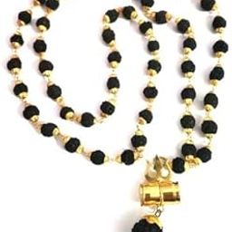 Gold-Plated Brass, Wood Lord Shiv Trishul Damru Locket with Panchmukhi Black Rudraksha Mala for Men and Women-image-87