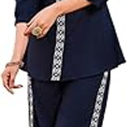 2-Piece Women's Co-ords Set - Silk Blend Polo Collar 3/4 Sleeve Regular Fit Casual Shirt & Trousers Embroidered Design-picture-28