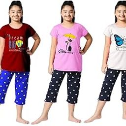 Girls Attractive Printed Comfy and Stylish T-Shirt and 3/4th Capri Pant Set For Casual Purpose-image-80