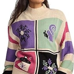 Woodland Women and Girls Long Sleeves Round Neck Beige Printed Acrylic Oversized Sweaters-image-29