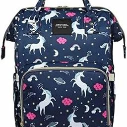 Unicorn Print Diaper Bag Backpack, Navy Blue with Pink Clouds, Large Capacity Baby Nappy Changing Rucksack-image-2