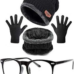Giffemans Winter Knit Beanie Hat Muffler Scarf Skull Cap UV Protected Black Clear Sunglasses Combo with Hedging Hat Scarf Set |Air Proof Cap, Hand Gloves Set & Random Color Sunglass for Men & Women.-30