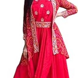Butter Buds Women Pure Chinnon Heavy Embroidery Lace Work Long Maxi Gown and Self Pleated Dupatta with Belt and Bandhej Jacket (Alterable M to L & XL to XXL Margin Size)-picture-44