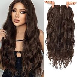 HAIR WALA™ 100% Kanekalon Hair Light Weight Wavy Curly Middle Part Topper, 4" x 4" Silk Base, 4 Clip in Wavy Curly Style for Thinning Hair,18 Inches Long (Brown)-picture-51