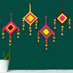 CraftVatika Kites Wall Pom Pom Hanging with Bells Strings Decoration for Home, Office, Door, Window, Haldi, Mehndi, Festival Decoration Items, Multicolor (4 Pc's)-image-7