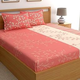 Dreamscape 100% Cotton King Bedsheet with 2 Pillow Covers - (Size 88 x 108 inches, 140 TC, Colour - Peach: Peach Bougainvillea)-image-53
