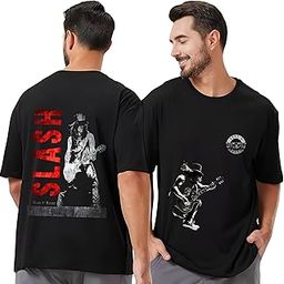 Guns N' Roses Graphic Oversize T-Shirt, Black Cotton, Rock Band Design with Slash Print, Front and Back Artwork-image-39