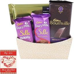 SFU E Com Premium Chocolate Celebration Combo With Beautiful Golden Wooden Basket | Valentine Chocolate With Love Greeting Card | Valentine Chocolate Hamper | 236-12