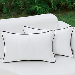 LIGICKY Pack of 2 White Outdoor Waterproof Lumbar Throw Pillow Covers Decorative Black Edge Rectangle Pillows Cushion Case Outside Pillowcase for Patio Couch Tent Sunbrella (12x20 inch)-image-1