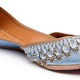 Women Maharani Lapis Elegance Punjabi Jutti Ethnic Leather Round Toe Slip-On Blue Mojaris Embellished Flats-image-97