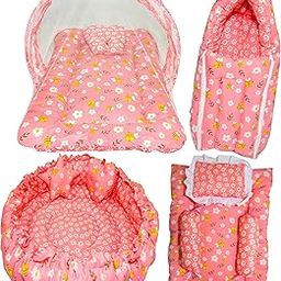 Toddylon Baby Gift Pack Set - Mosquito Net, Baby Carry Bag, Gaddi Set - Reversible Nest - Cotton for 0?6 Months - Floral Print - 4-Piece Combo for Newborns (Pink)-17