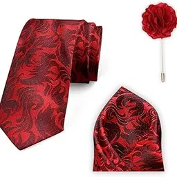axlon Men's Micro Polyester Paisley Necktie Set with Pocket Square and Brooch Pin (Red, Free Size)-picture-11