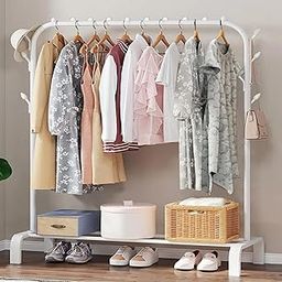 AYSIS Metal Single Garment Stand with Bottom Shelves Clothes Storage Organizer 4 Hooks Coat Rack (White)-image-42