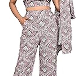 Floral Printed Pure Cotton Crop Top with Trousers & Jacket for Women/Cord Set for Women and Girls-image-51