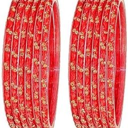 Oneness (2.10 Large Size) Red/Green Colour Golden Studded with Drop Design Glass Bangles/Chudiyan Set (Diwali Special) for Womens and Girls - (Set of 12 Bangles)-image-99