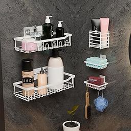 Kuber Industries 5 in 1 Metal Bathroom Rack Without Drill with Soap & Toothbrush Holders | Self Adhesive Bathroom Shelf | Bathroom Accessories Set | Drill Free Storage Rack for Wall | White-3