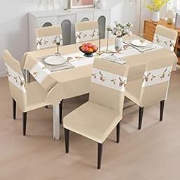 Cortina Dining Chair Cover with Table Covers for Kitchen Waterproof Dining Table Cloth (Cream, 1 Table Cover + 6 Chair Cover)-image-53