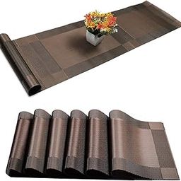 WOODTULA Table Mats Set of 6 for Kitchen Dining Table with Runner - Washable PVC Placemats - Woven Vinyl Placemat - Table Runner (6-Piece Placemat, 1-Piece Runner, Brown)-10