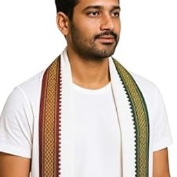Vandana International Trader Traditional Hindu Cotton Dupatta/Angavastram for Men – White with Dual Zari Border (Brown & Green) – Religious Pooja Stole-image-62