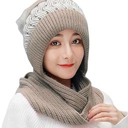Women's Knitted Hat Winter Plush Velvet Warm Woolen Cap Neck Scarf | Twist Color Fuzzy Slouchy Beanie Monkey Cap with Muffler for Ski Hiking Outdoor Girls & Ladies.-image-121