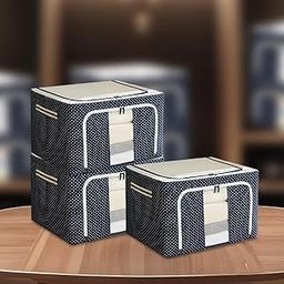 INFERNO 3 Pc 44 L Foldable Woven Large Size Storage Box for Clothes, Blankets| Compatible for Wardrobes, Under Bed, Closet | Dust Proof Big Size Sturdy Underbed Organizer (Blue)-image-87