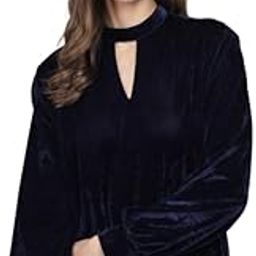 Velvet Top for Women | Keyhole Choker Neck Cuffed Sleeves Blouson Outfit-image-27