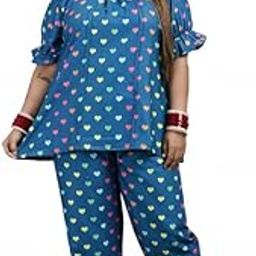 Women's Printed Heart Swiss Cotton Round Shape NeckHalf Sleeve Ruffled Night Suit Set Top & Pyjamas -Royal Blue-picture-13