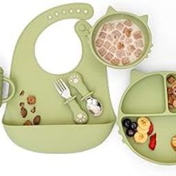 Kids Station 6 piece Easy Carry Cat Shaped Silicone Baby Feeding Set; Baby Bib, Plate, Fork, Sipper, Spoon, Bowl, Promotes Baby Self-Feeding for Dining Table; Unbreakable Eco-Friendly, Natural (Green)-picture-31