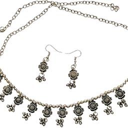 Antique Silver Floral Necklace and Earrings Set, Traditional Navratri Collection, Oxidised Metal-image-41