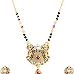 Gold Plated Traditional Studded Pendant & Black Bead Chain Mangalsutra With Earrings For Women (D121)-image-38