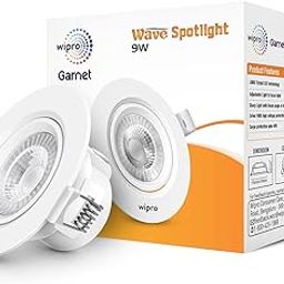 wipro Polycarbonate Garnet 9W Round Led Wave Spotlight|Cob Spotlight for Ceiling|Neutral White Light (4000K)|Adjustable Design|Recessed Tiltable Downlighter for False Ceiling|Cutout-100 Mm|Pack of 1-4