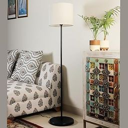 Lexton Eco DIY Metal Floor Lamp Standing Lamp with Assorted Cotton Fabric Shade | 2 Pin Plug, On/Off Switch, 3 Meter Corded Wire, E27 Base Bulb Holder for Home (Pack of 1, Black, Bulb Not Included)-picture-1