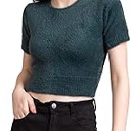 Knitted Fuzzy Hair Wool Short-Sleeve Crop Top Pullover Sweater for Women-image-76