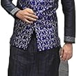 Blue Printed Banarasi Nehru Jacket-image-3
