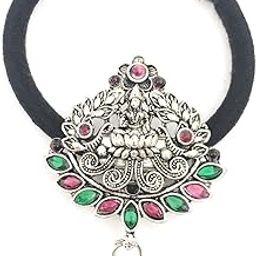 hair bands for women and girls black colour stones hair rubber bands (pack of 1) with oxidised silver color decoration hair ties fancy ponytail holders center clips for children-image-55