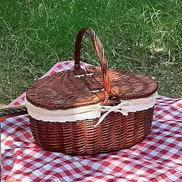 Picnic Basket Rural Sturdy Park Hiking Camping Outdoor Wicker Storage Hamper 35x25x16cm Brown Cloth-11