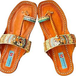 Sundarbans Madhubani Art Original Kolhapuri ethnic flats for Women | Leather fancy kollapur chappal | Stylish ladies bridal wedding sandal | Best kolapuri footwear | Beige kohlapuri-image-21