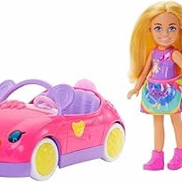Barbie Chelsea Doll & Toy Car Set with Bear-Themed Convertible & Teddy Bear Accessory, Blonde Small Doll Wears Removable Skirt & Shoes-image-1