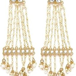 Gold Plated Pearl Chain Kundan Drop Earrings for Women-51
