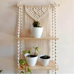 Muizz Macramé Wall Hanging Shelf, Indoor Boho Wall Decor for Living Room, Wood Hanging Shelf Organizer, Handmade Woven Cotton Rope Bohemian Home Wall Décor (Set of 1,Beige)-image-77