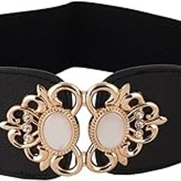 Women's Elastic Waist Belt with Decorative Gold Crystal Buckle, Black-image-90
