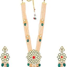 Gehena Gold Plated Elegant Kundan-Studded Long Necklace Set with beaded pearls for Girl's and Women-image-10